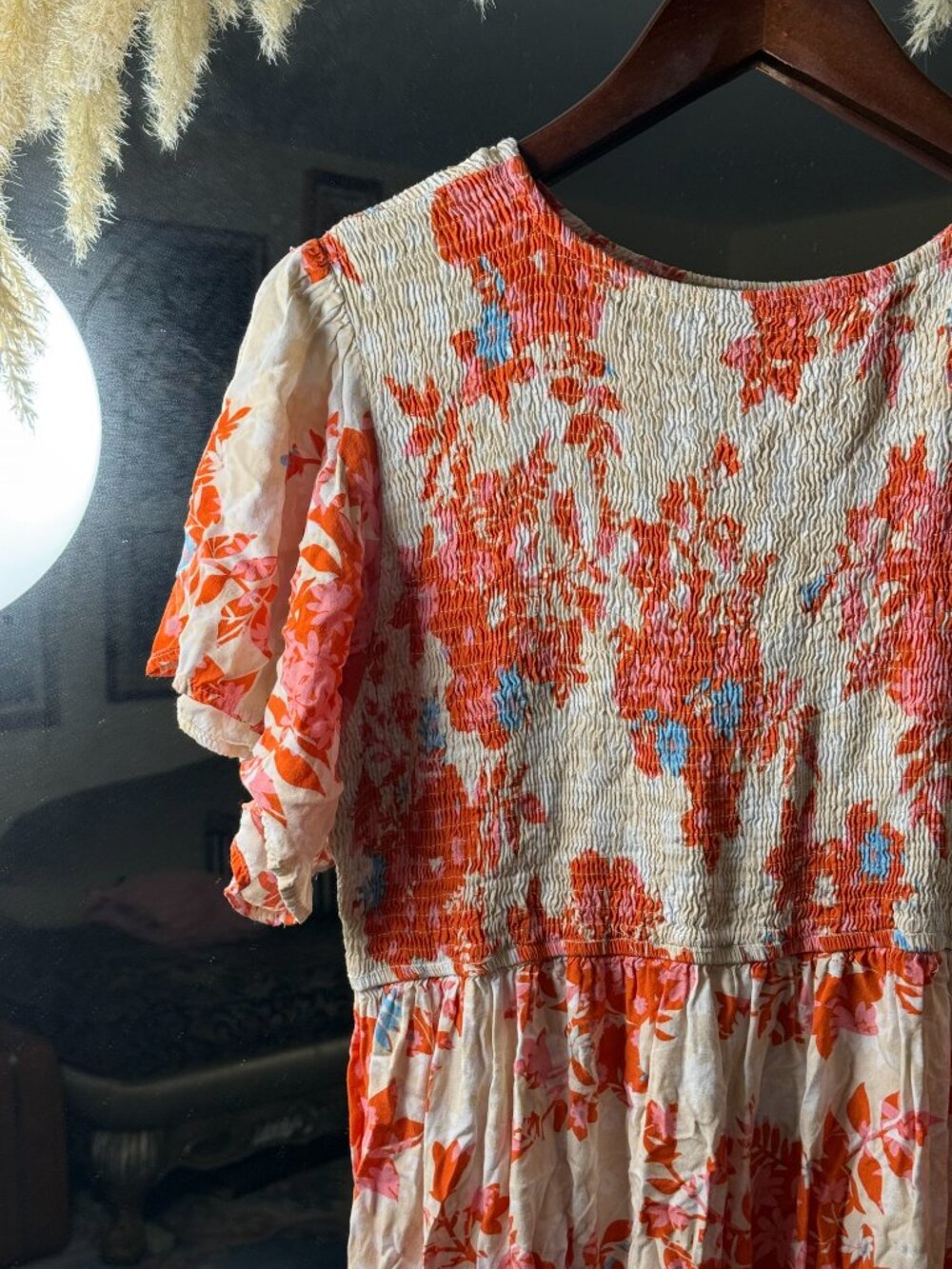 Cream and Orange Floral Smocked Midi Dress - Picture 2 of 5